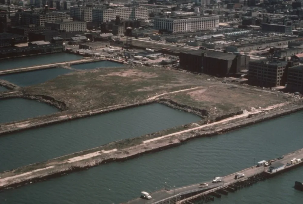 Aerial view of Bush Terminal Park and its waterfront