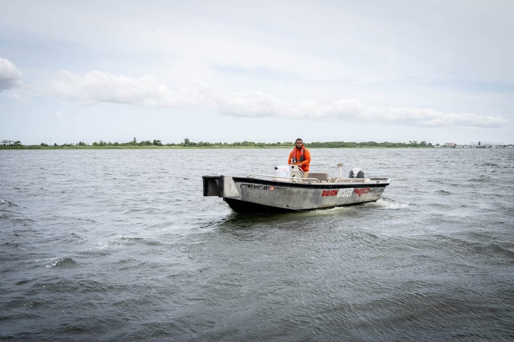 Small Billion Oyster Project boat travels across calm harbor water