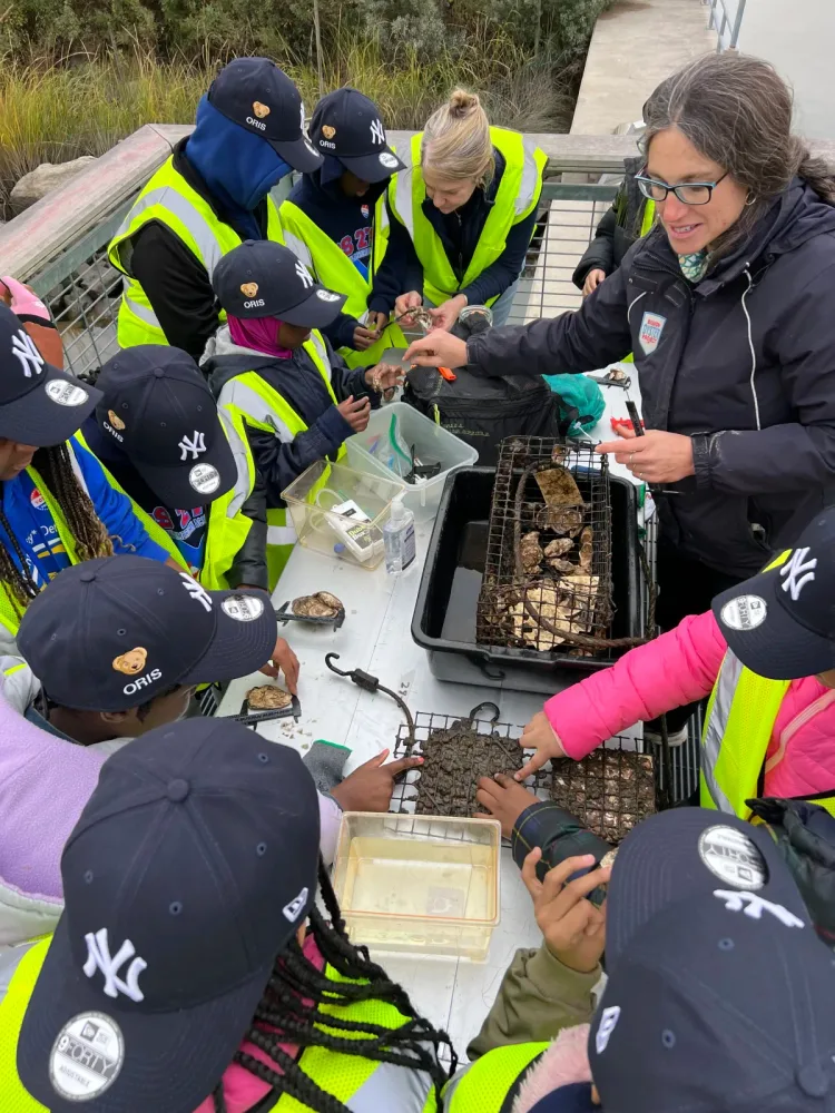 Students conduct water-quality tests together outdoors