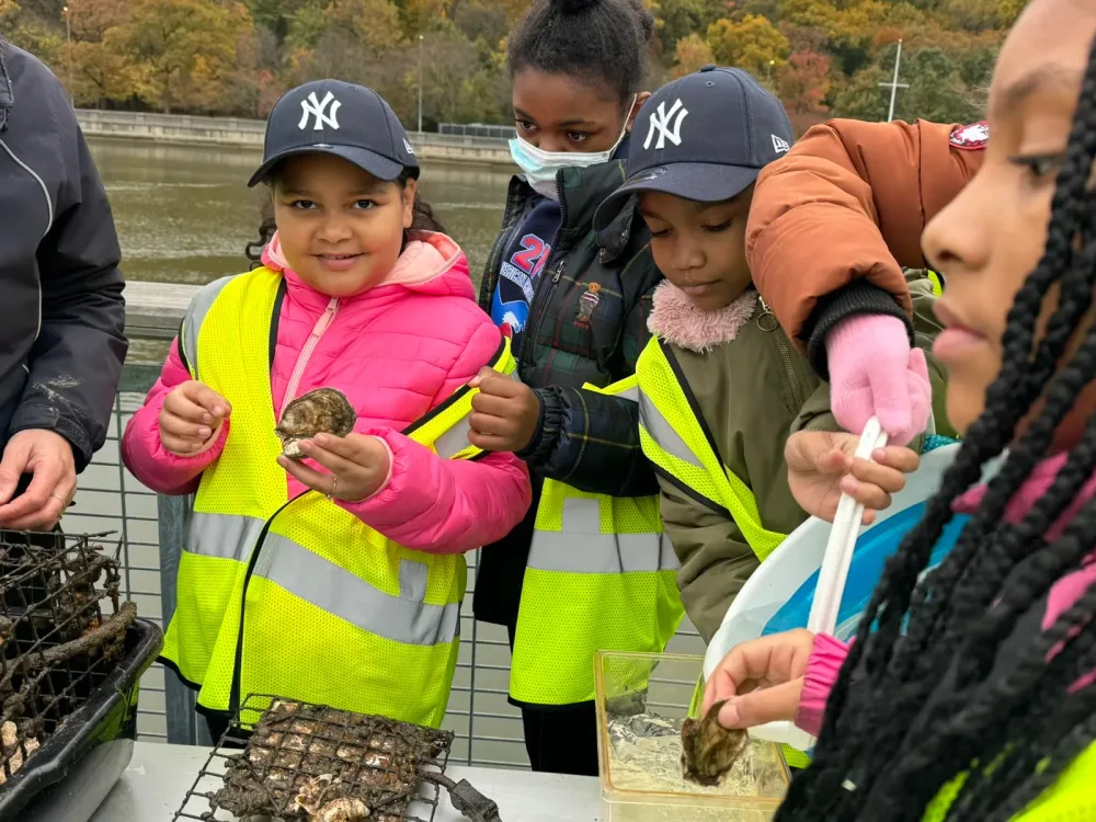 Children examine oysters together during an outdoor classroom activity