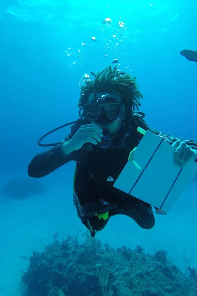 Scuba diver underwater near a reef