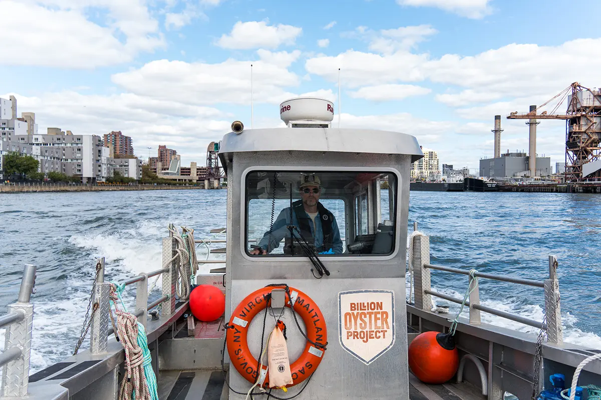 Billion Oyster Project workboat travels across New York Harbor