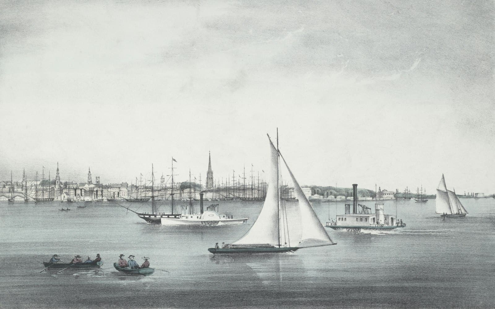 Nineteenth-century lithograph of sailboats and steamboats in New York Harbor