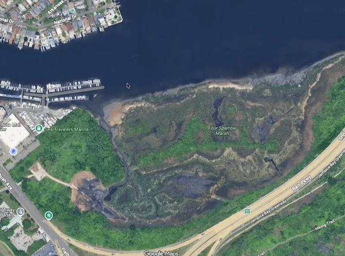 Aerial view of wetlands and waterways at Four Sparrow Marsh