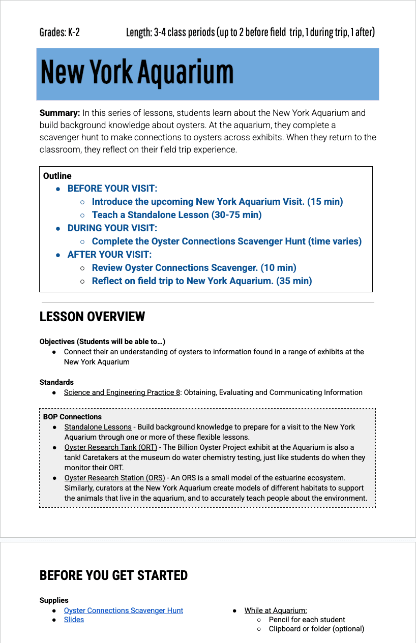 K-2 Aquarium — Lesson Plan