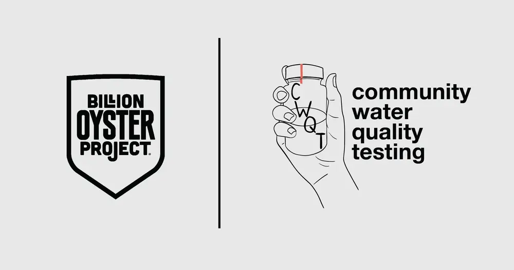 Billion Oyster Project and Community Water Quality Testing logos, with an illustrated hand holding a water sample jar