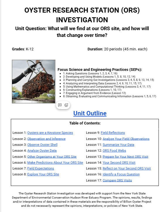 Oyster Research Station Investigation: Lesson Plans