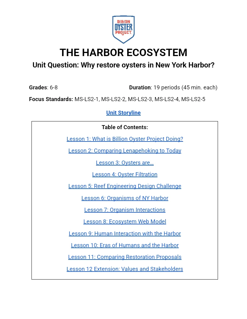 The Harbor Ecosystem: Lesson Plans