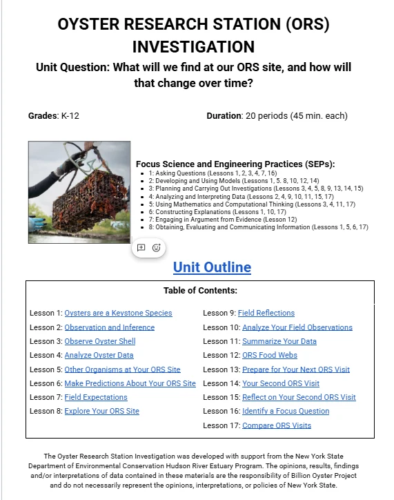 Oyster Research Station Investigation: Lesson Plans