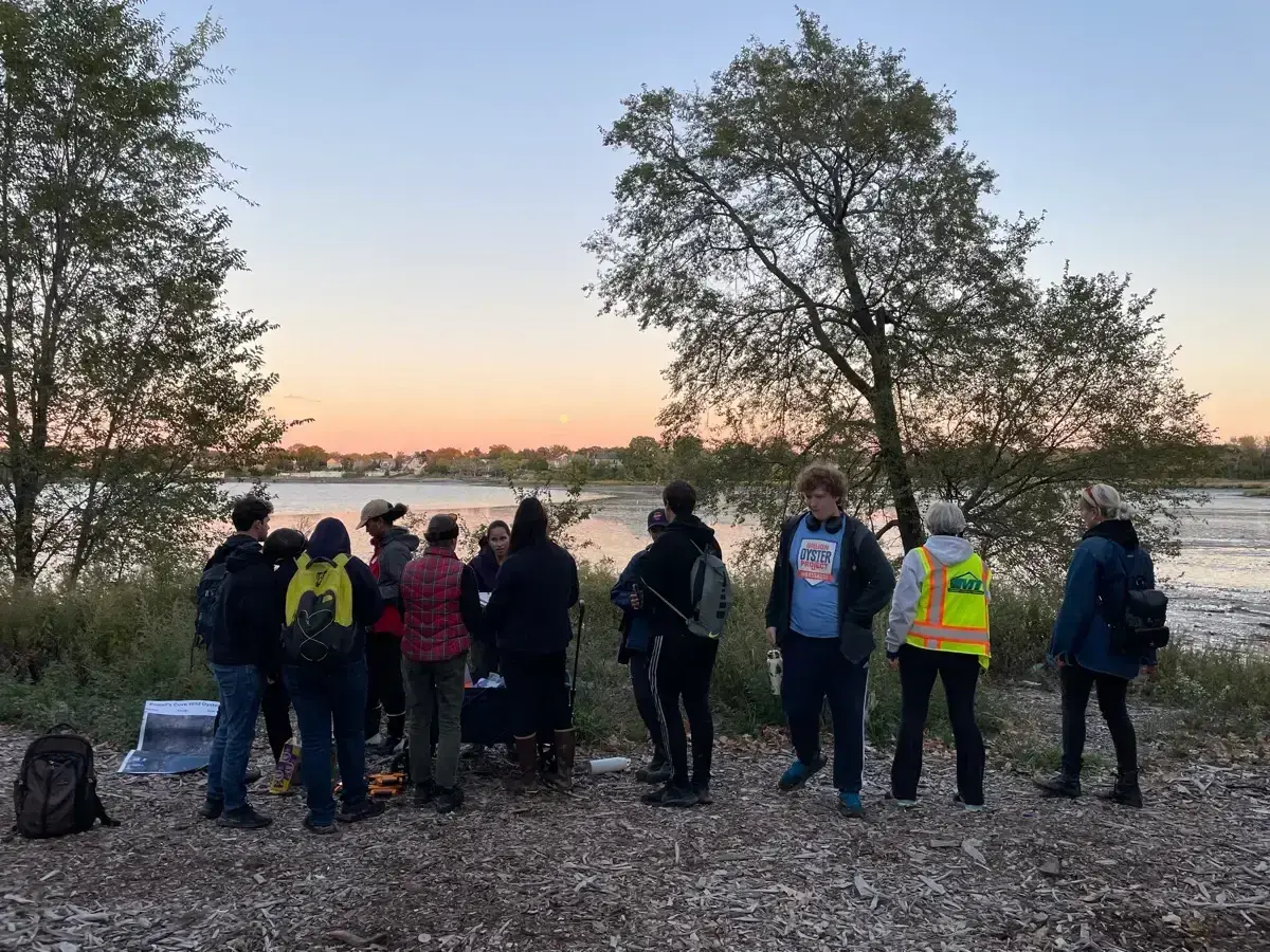 Educators gather for an outdoor lesson beside the shoreline at sunset