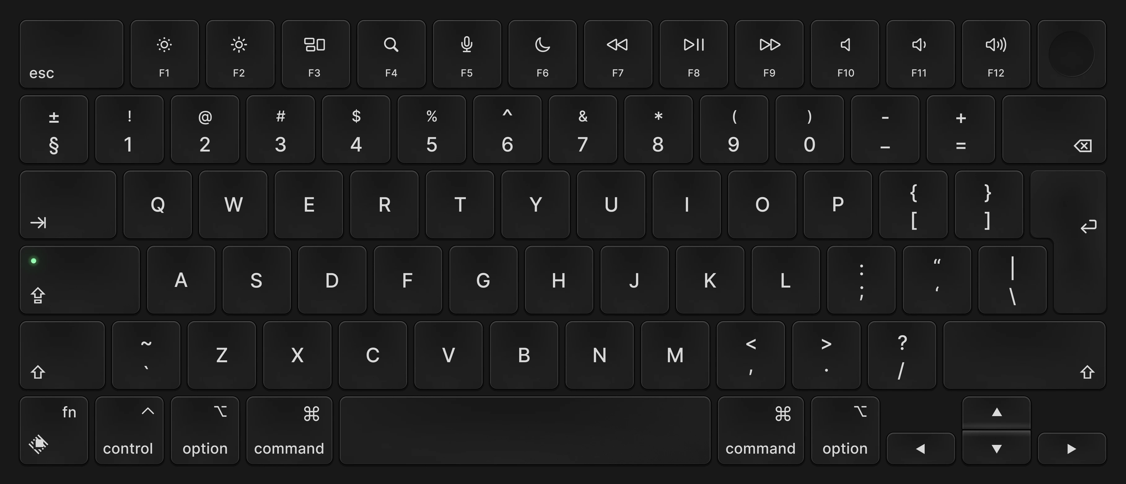 Black keyboard with backlit keys top view