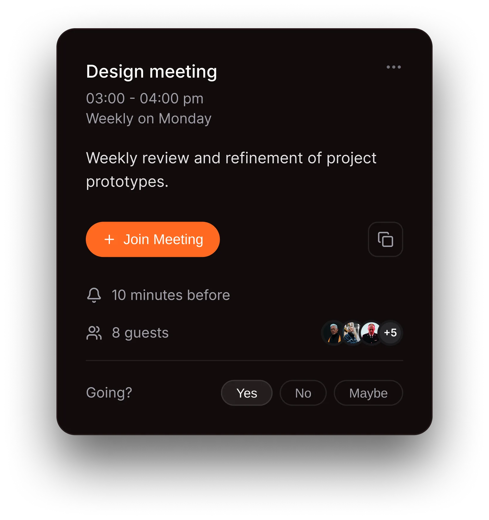 Design meeting scheduled weekly on Mondays from 3 to 4 pm with a description about reviewing and refining project prototypes, an orange Join Meeting button, reminder set for 10 minutes before, 8 guests invited, and RSVP options Yes, No, Maybe.