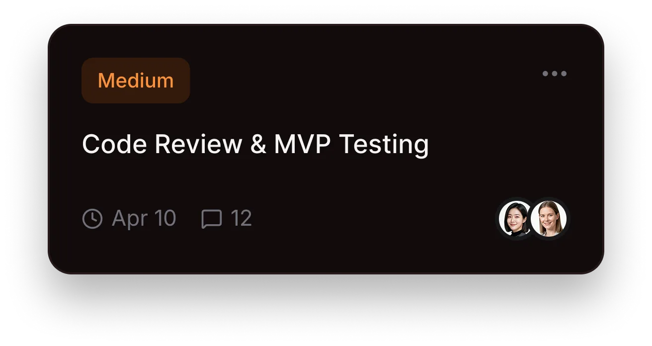 Task card labeled Medium for Code Review & MVP Testing with due date Apr 10, 12 comments, and profile pictures of two women.