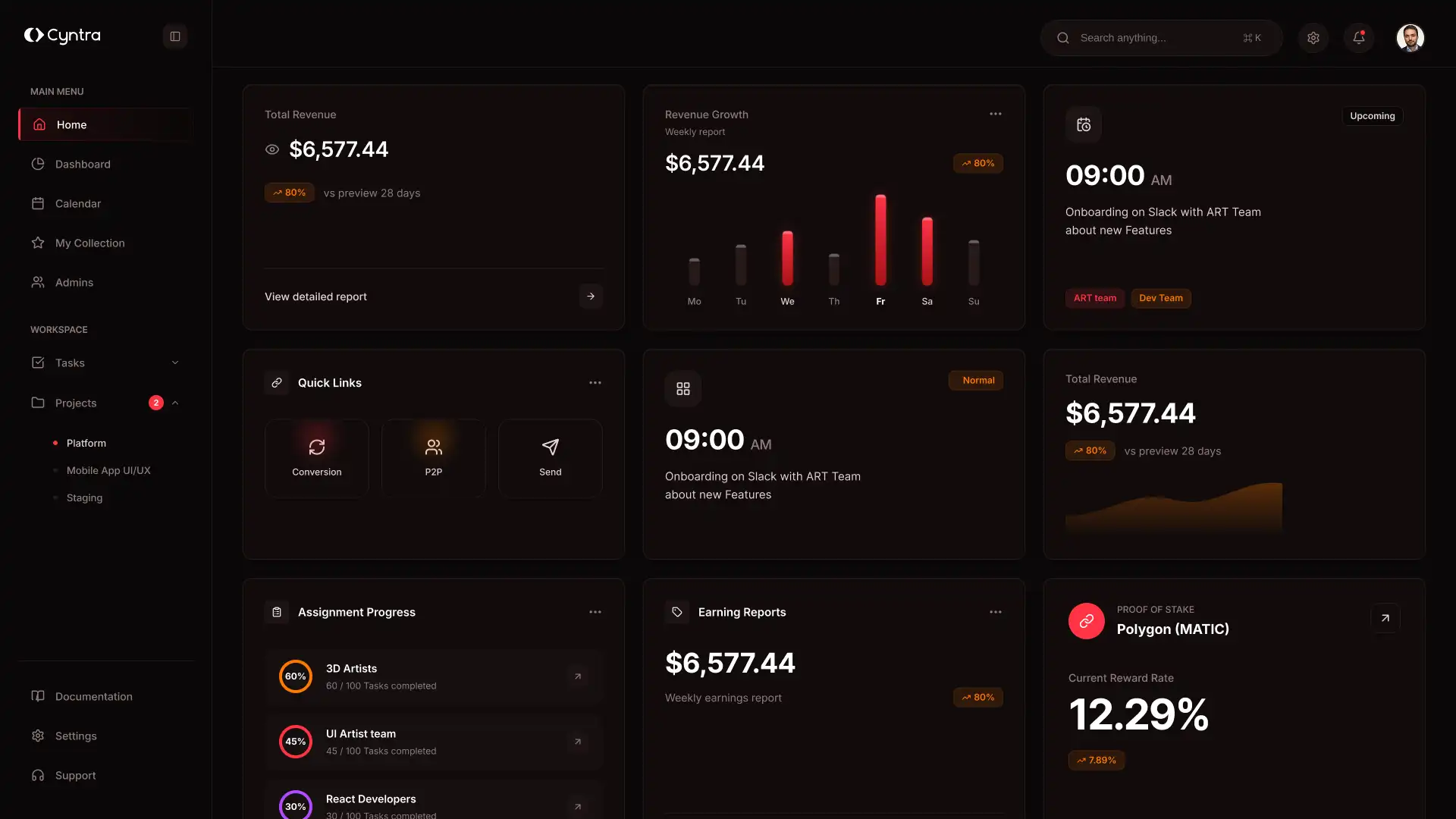 Dark-themed dashboard interface displaying total revenue, revenue growth bar chart, upcoming 9 AM onboarding event, quick links, assignment progress for teams, earning reports, and proof of stake information.