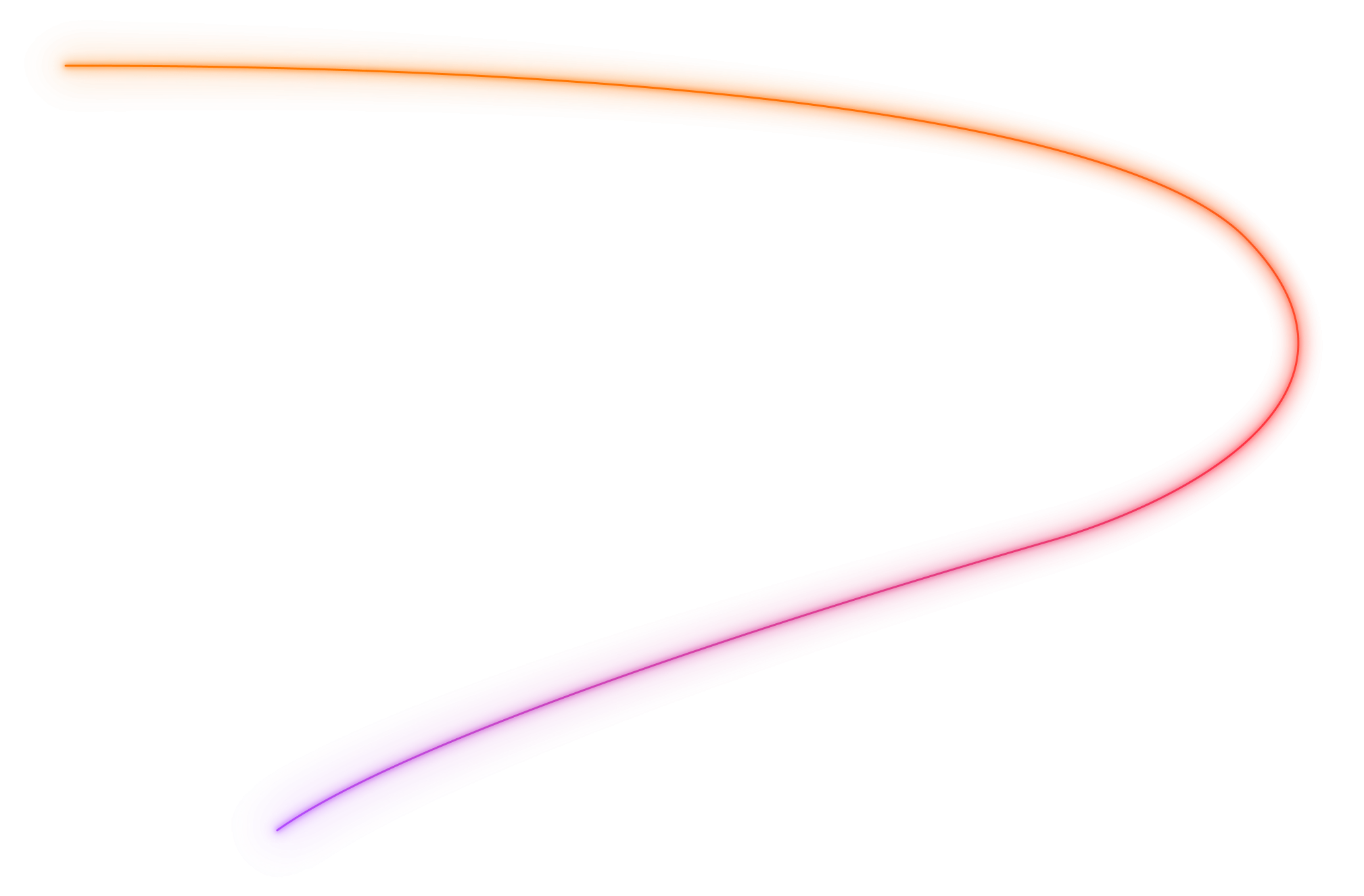 Curved gradient line transitioning from purple to pink, red, orange, and yellow on black background.