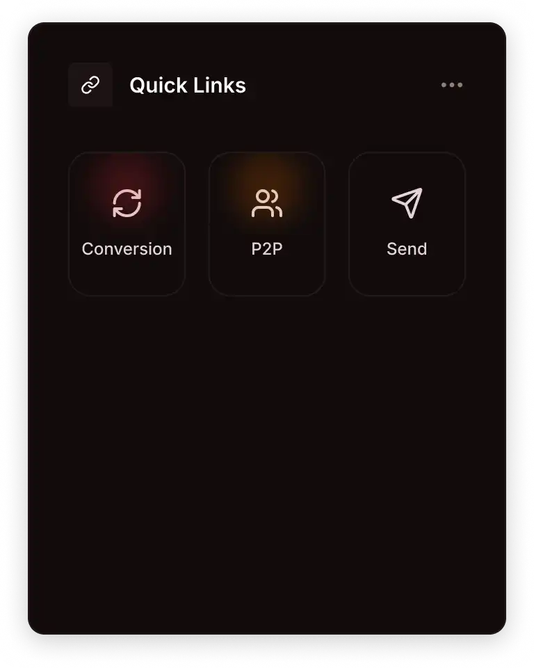 Dark interface panel titled Quick Links with three icon buttons labeled Conversion, P2P, and Send.