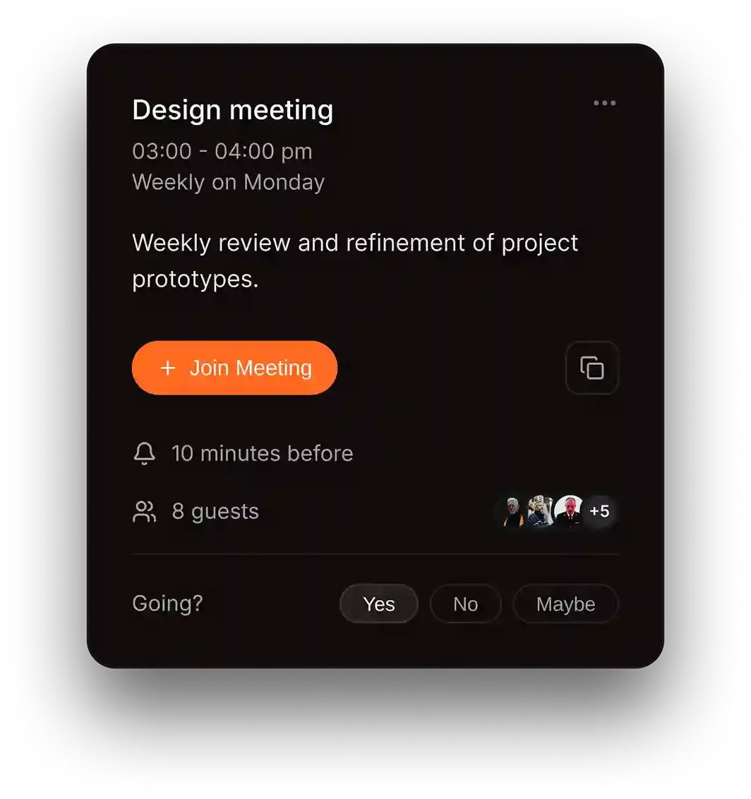 Design meeting scheduled weekly on Monday from 3 to 4 pm with a description of weekly review of project prototypes, a Join Meeting button, reminder set for 10 minutes before, 8 guests with profile pictures, and response options Yes, No, Maybe.