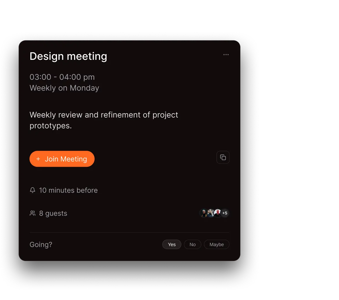 Design meeting weekly Monday 3-4 pm with 8 guests, reminder 10 mins before, join button and RSVP options.
