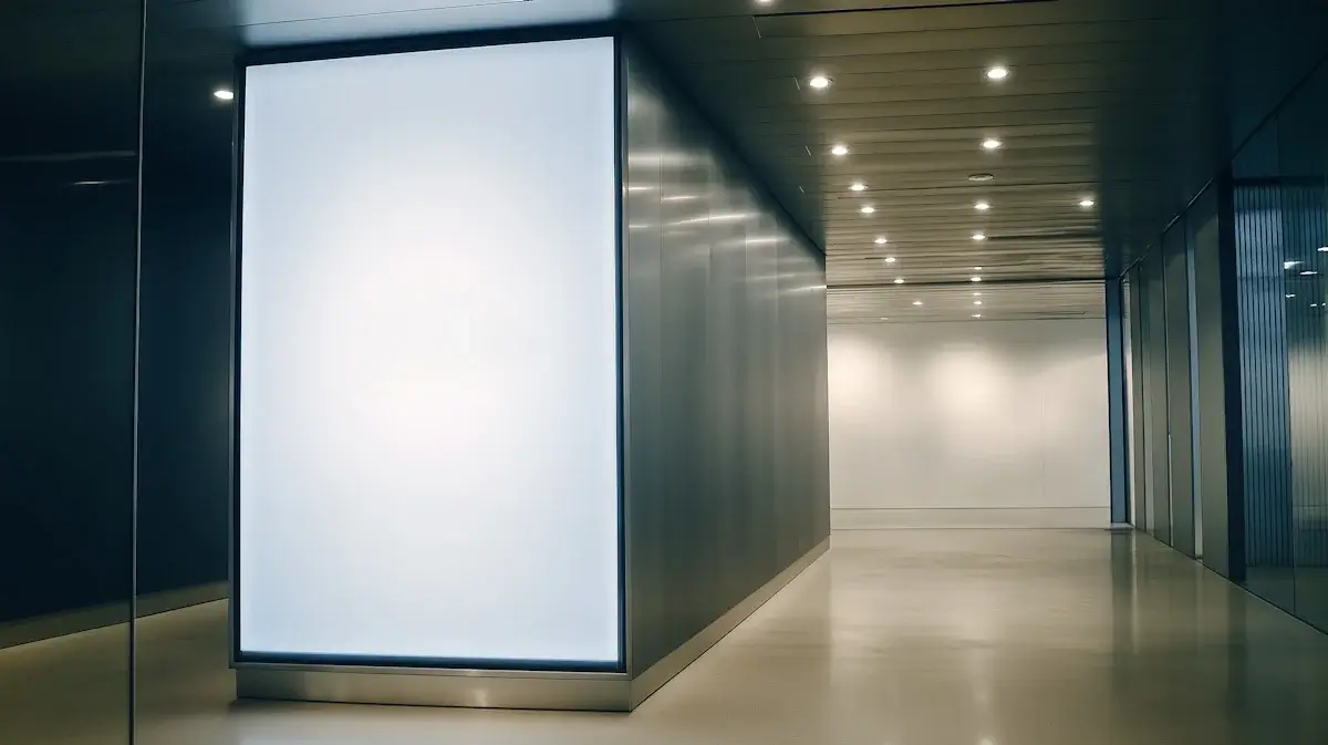 Modern corridor with a white panel at the center, illuminated by soft lighting