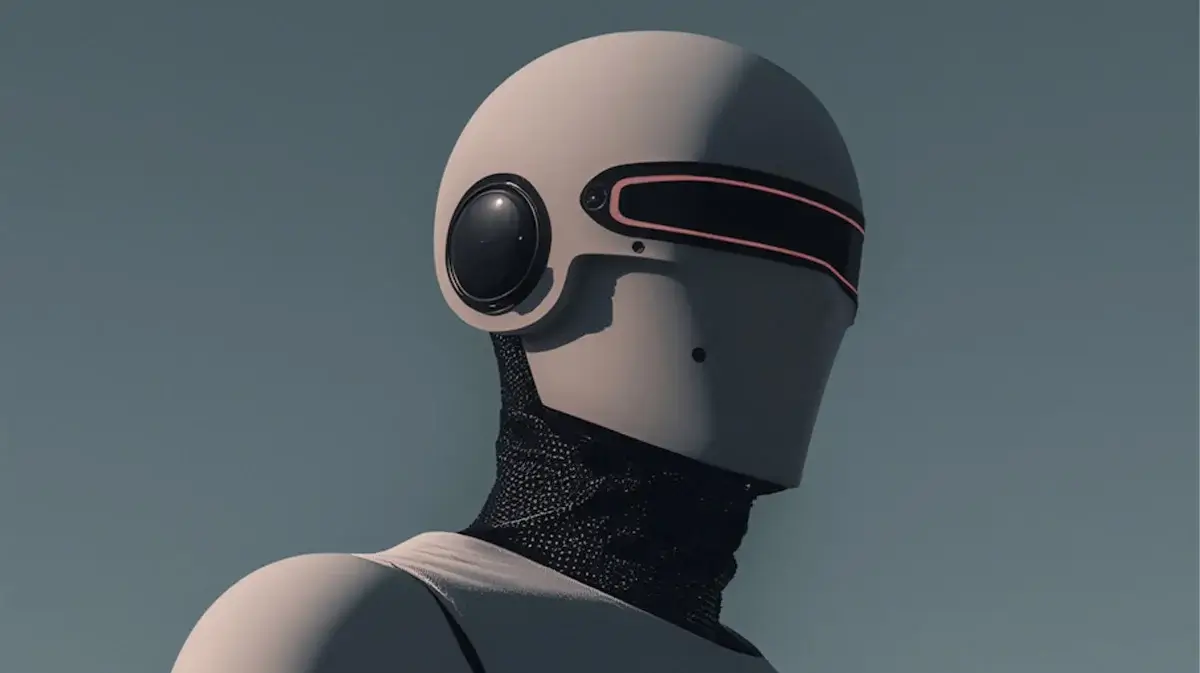 Close-up of a futuristic robotic figure with a sleek helmet and dark clothing.