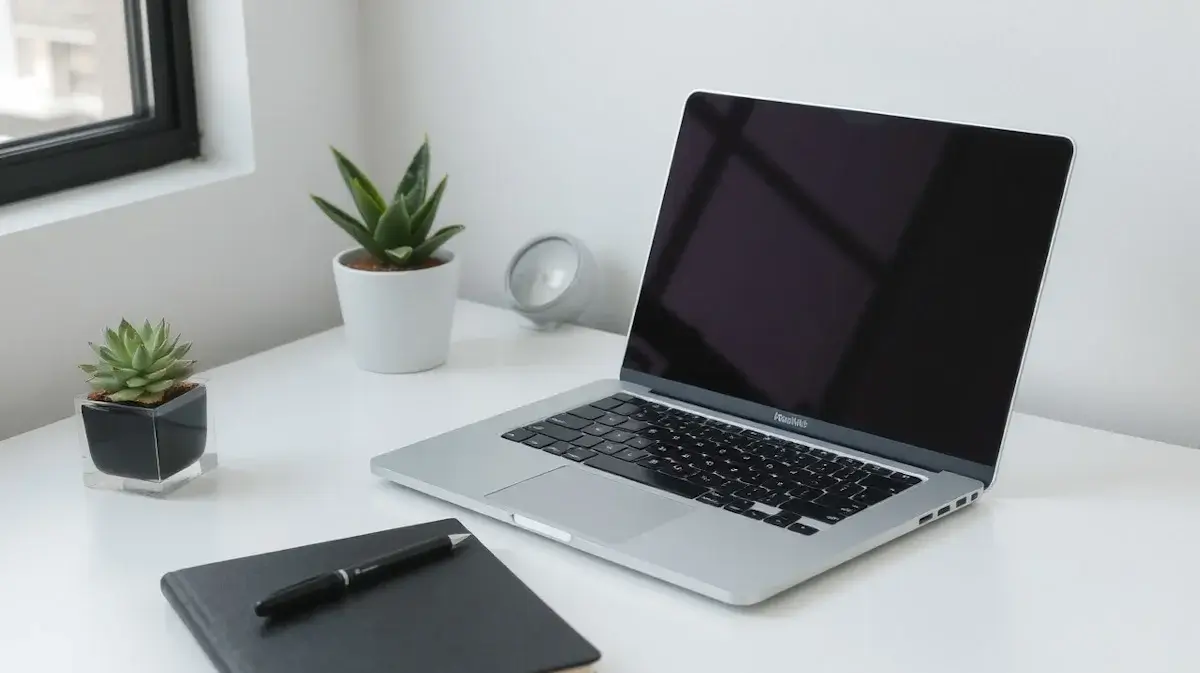 Laptop on a minimalist desk with small potted plants and a notebook nearby.