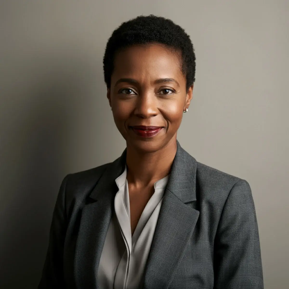 Portrait of a woman in a gray suit, smiling confidently.