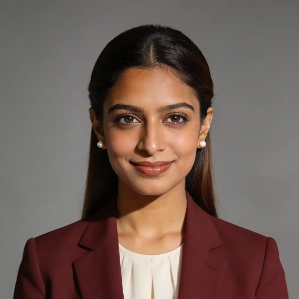 Portrait of a woman with long dark hair, wearing a maroon blazer, and looking confidently into the camera
