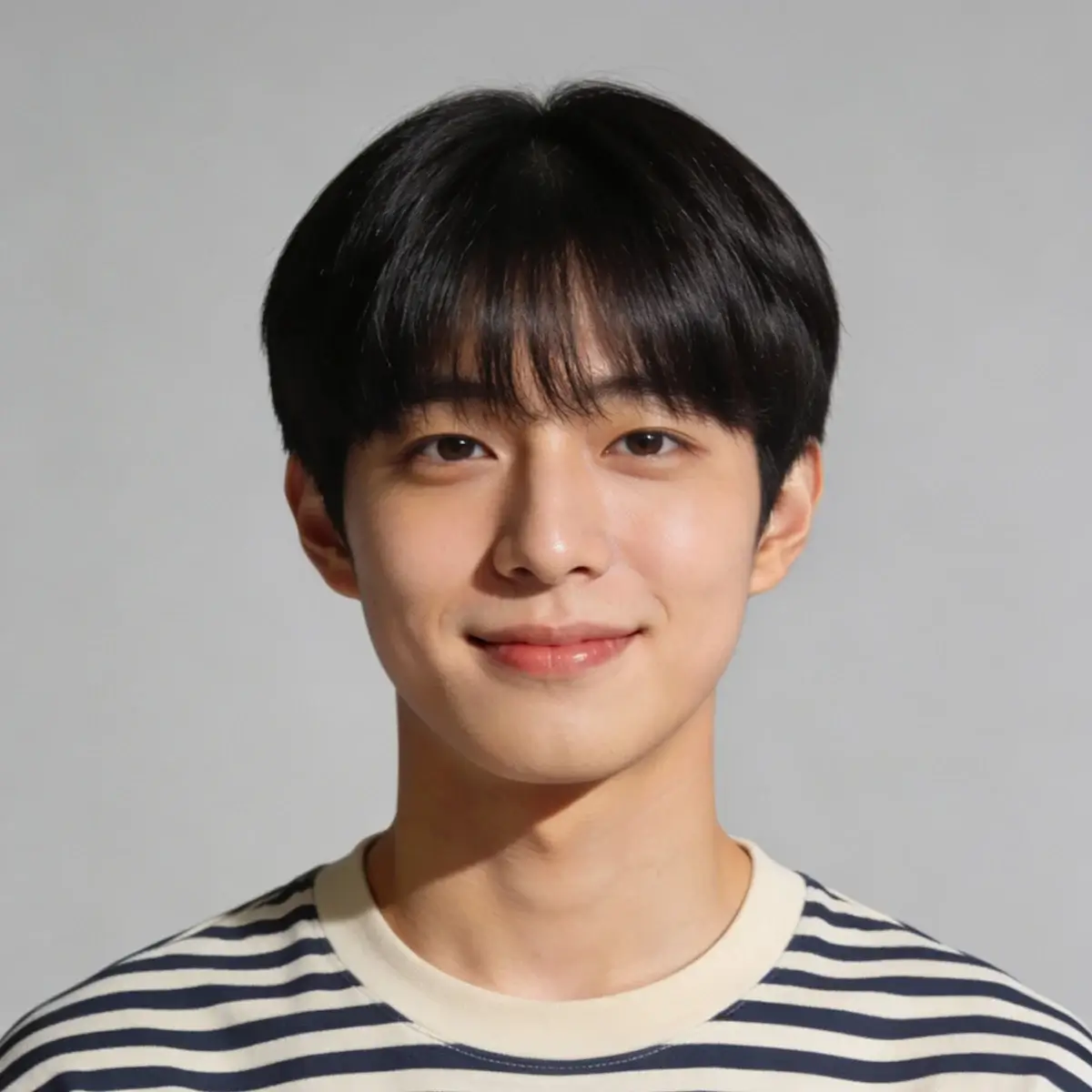 Portrait of a young person with short black hair, wearing a striped shirt and smiling.