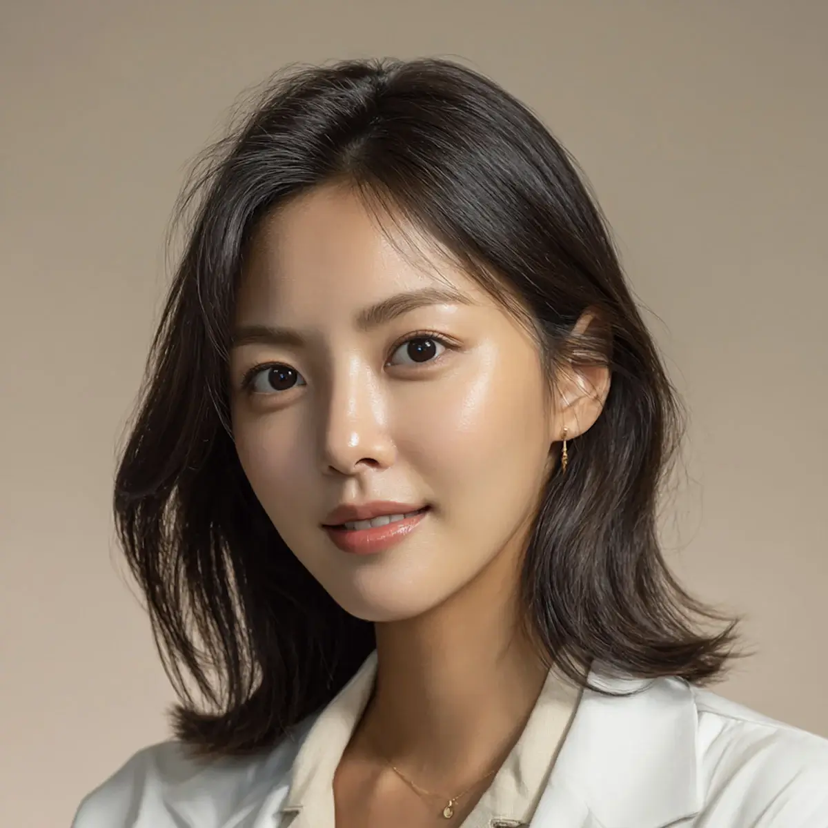 Portrait of a woman with medium-length dark hair, wearing a white top, smiling softly