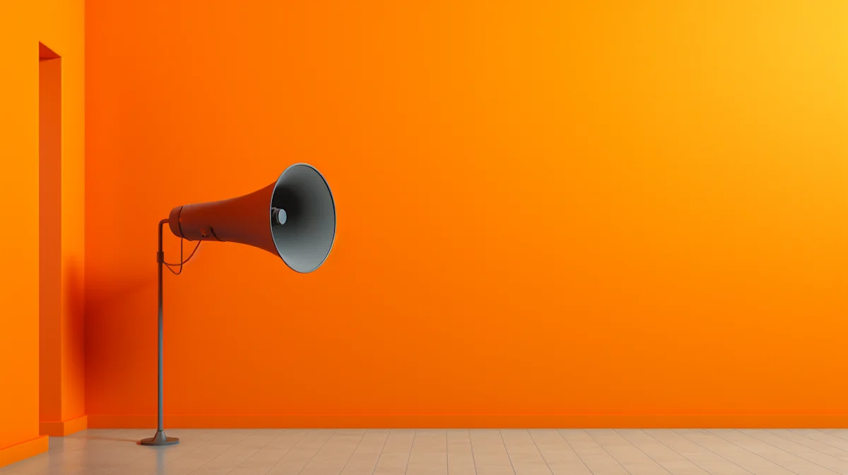 Vintage-style gramophone or speaker against a bright orange wall, creating a dynamic and artistic atmosphere.
