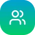 White icon of two people, one behind the other, on a blue and green circular gradient background.