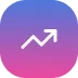 White upward trending arrow icon on blue and pink gradient circle background.