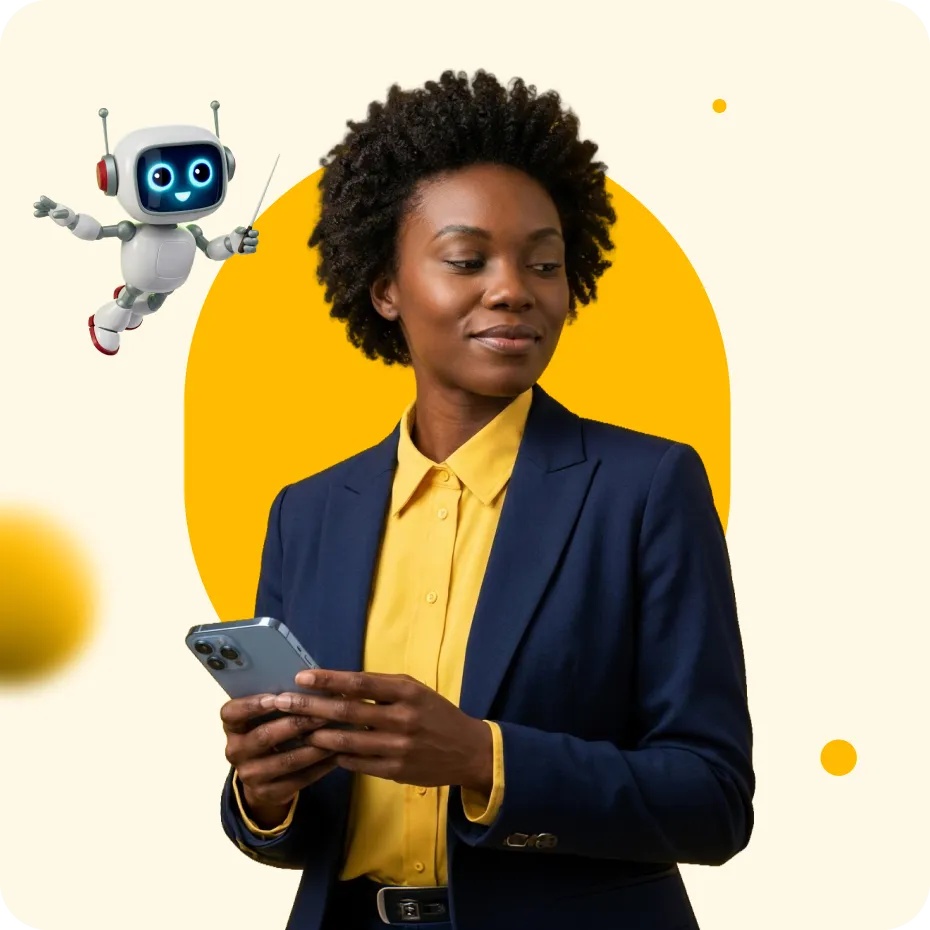 Confident woman in a navy blazer and yellow shirt holding a smartphone with a friendly cartoon robot floating beside her.