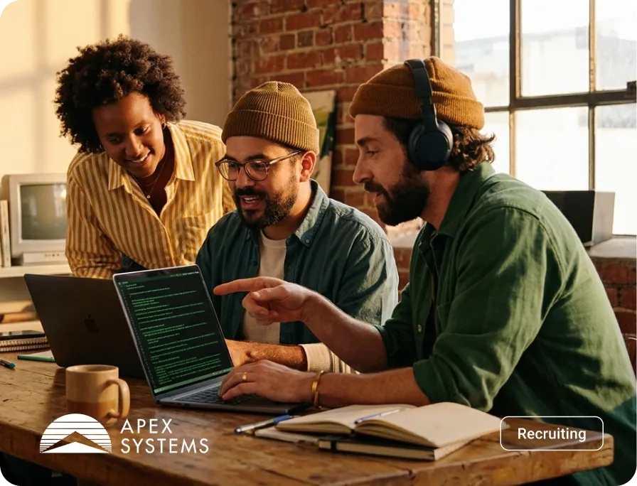 Three diverse colleagues collaborating at a wooden table with laptops, a notebook, and a coffee mug in a bright office with exposed brick walls.