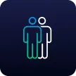 Icon of two simplified human figures standing side by side, one in blue and green gradient and the other in white, on a dark blue background.