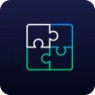 Four interlocking puzzle pieces outlined in blue and green on a dark background.