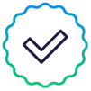 Circular badge with a checkmark inside, featuring a gradient border transitioning from blue to green.