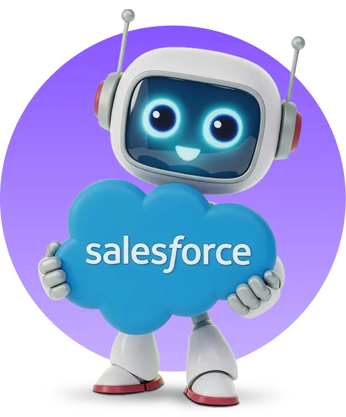 Cartoon robot holding a blue cloud-shaped sign with the word 'salesforce' on it, against a purple circular background.