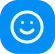 White smiling face emoji inside a white circle on a blue background.