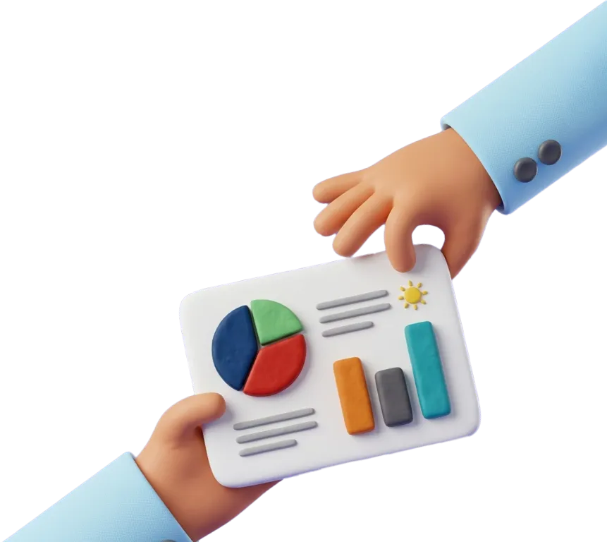 Two hands holding a white card featuring colorful 3D pie and bar charts with lines and a small sun icon.