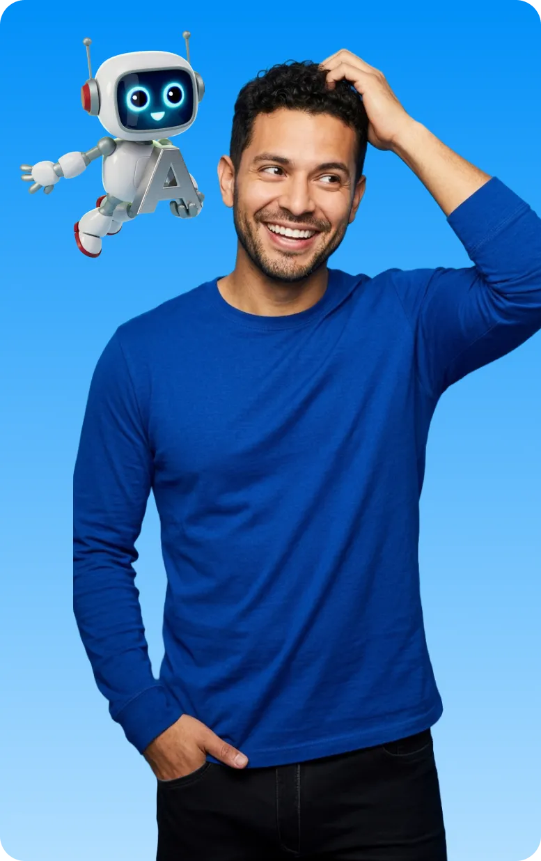 Smiling man in a blue sweater looks to the side with one hand on his head, next to a cheerful floating robot holding a letter A.