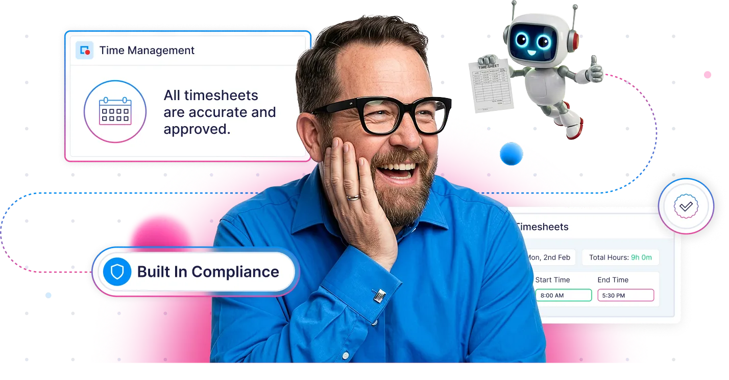 Smiling man with glasses and beard in blue shirt with graphic elements showing time management messages and a friendly robot holding a timesheet.