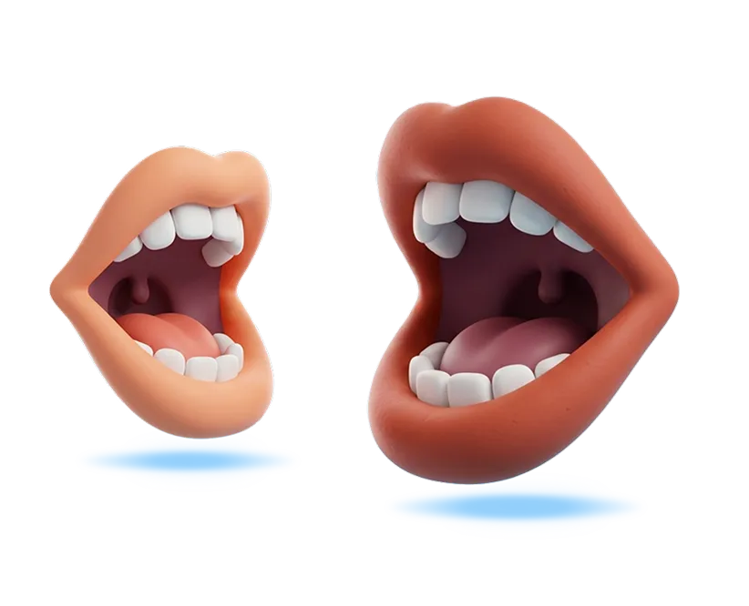 Two stylized open mouths with visible teeth and tongues, showing blue shadow below each mouth.