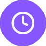 White clock icon showing 3 o'clock on a purple circular background.