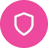 White shield icon centered on a pink circular background symbolizing protection or security.