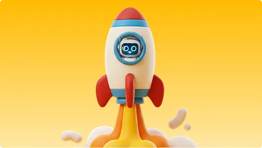 Cartoon rocket with a smiling robot inside launching against a yellow gradient background.