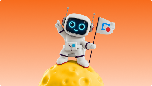 Cute robot holding a flag with a logo, standing on a yellow cratered sphere against an orange gradient background.