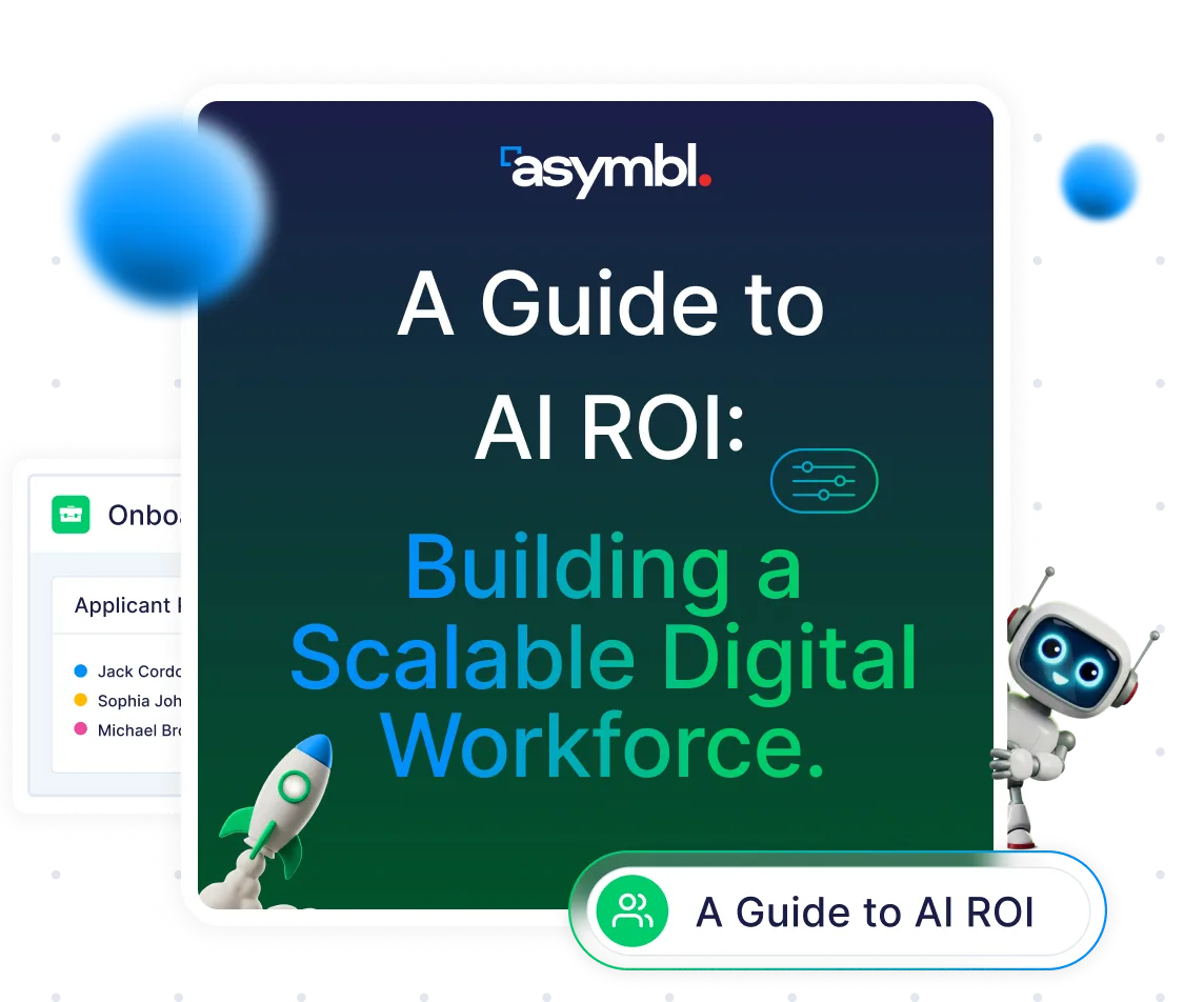 Text reading 'A Guide to AI ROI: Building a Scalable Digital Workforce' with a small rocket and a cute robot illustration on a dark gradient background.