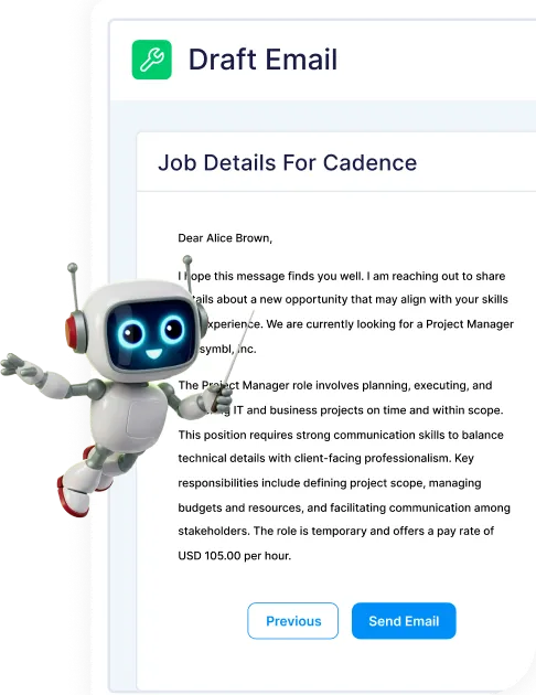 Digital draft of a job email on a screen titled 'Job Details For Cadence' with a friendly robot pointing at the text about a Project Manager position, including salary and responsibilities, with 'Previous' and 'Send Email' buttons visible.