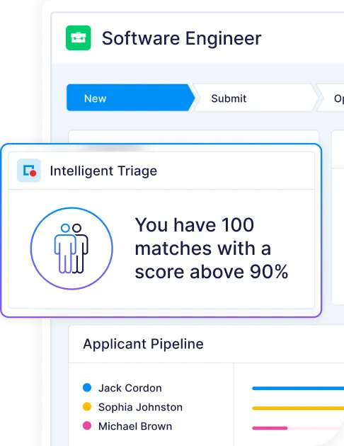 Software Engineer hiring dashboard showing Intelligent Triage with 100 matches scoring above 90%, and an Applicant Pipeline listing Jack Cordon, Sophia Johnston, and Michael Brown with corresponding colored dots.